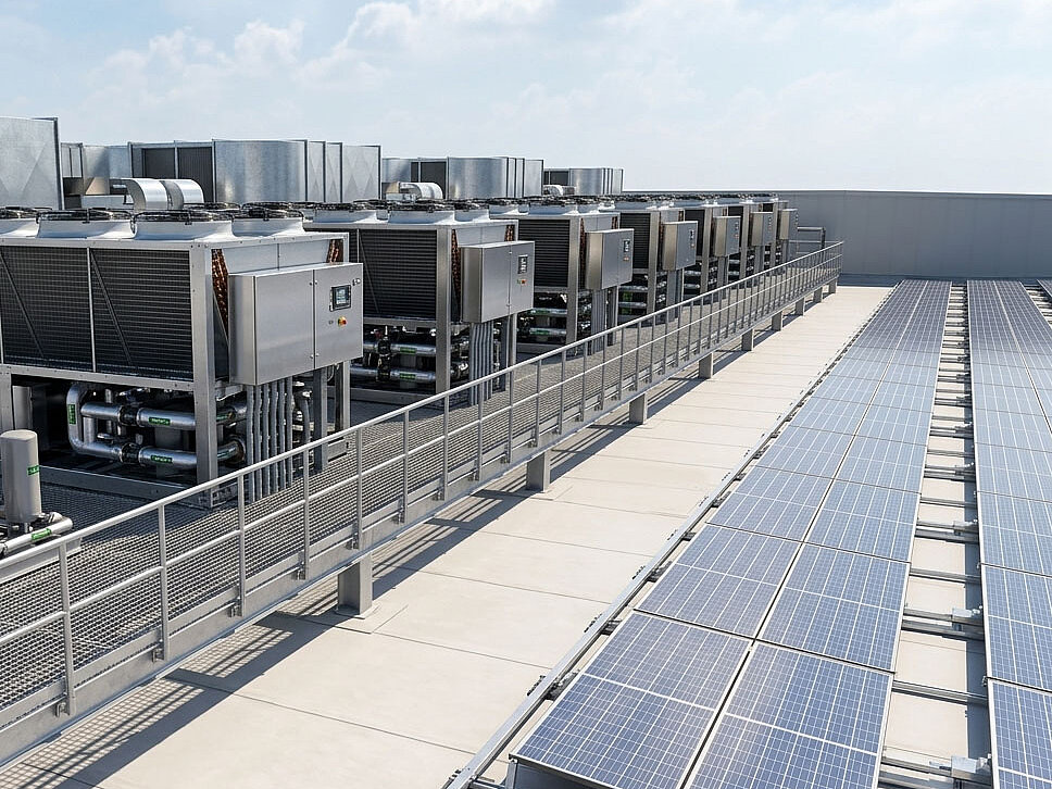 Dach eines Rechenzentrums mit Kühlanlagen in Reihen, einem Wartungsgang samt Geländer und parallel angeordneten Solarmodulen.
