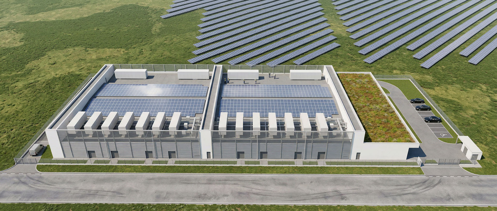 3D-Visualisierung eines Rechenzentrums mit Solarmodulen auf dem Dach, begrüntem Anbau samt Solarpark in der Vogelperspektive.
