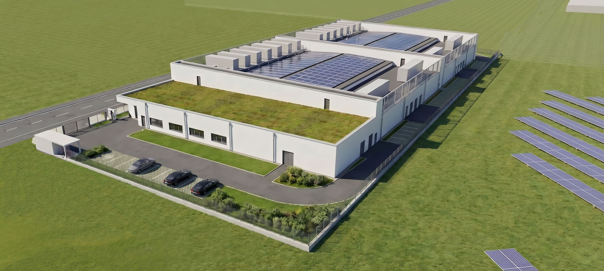 3D-Ansicht eines Rechenzentrums mit Solarmodulen, begrüntem Dach und Parkplätzen vor seinem Eingang, umgeben von Grünflächen.