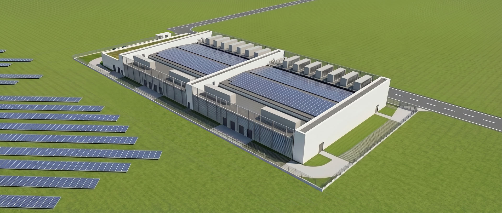 3D-Ansicht eines Rechenzentrums mit Solarmodulen und technischen Dachaufbauten neben einem Solarpark in der Vogelperspektive.