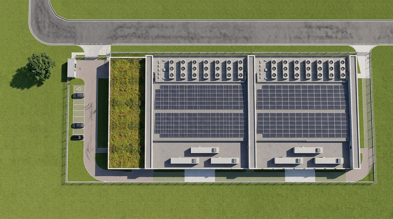 Draufsicht eines Rechenzentrums mit zwei Dachbereichen mit Solarmodulen und Kühlanlagen, begrüntem Anbau und Pkw-Parkplätzen.
