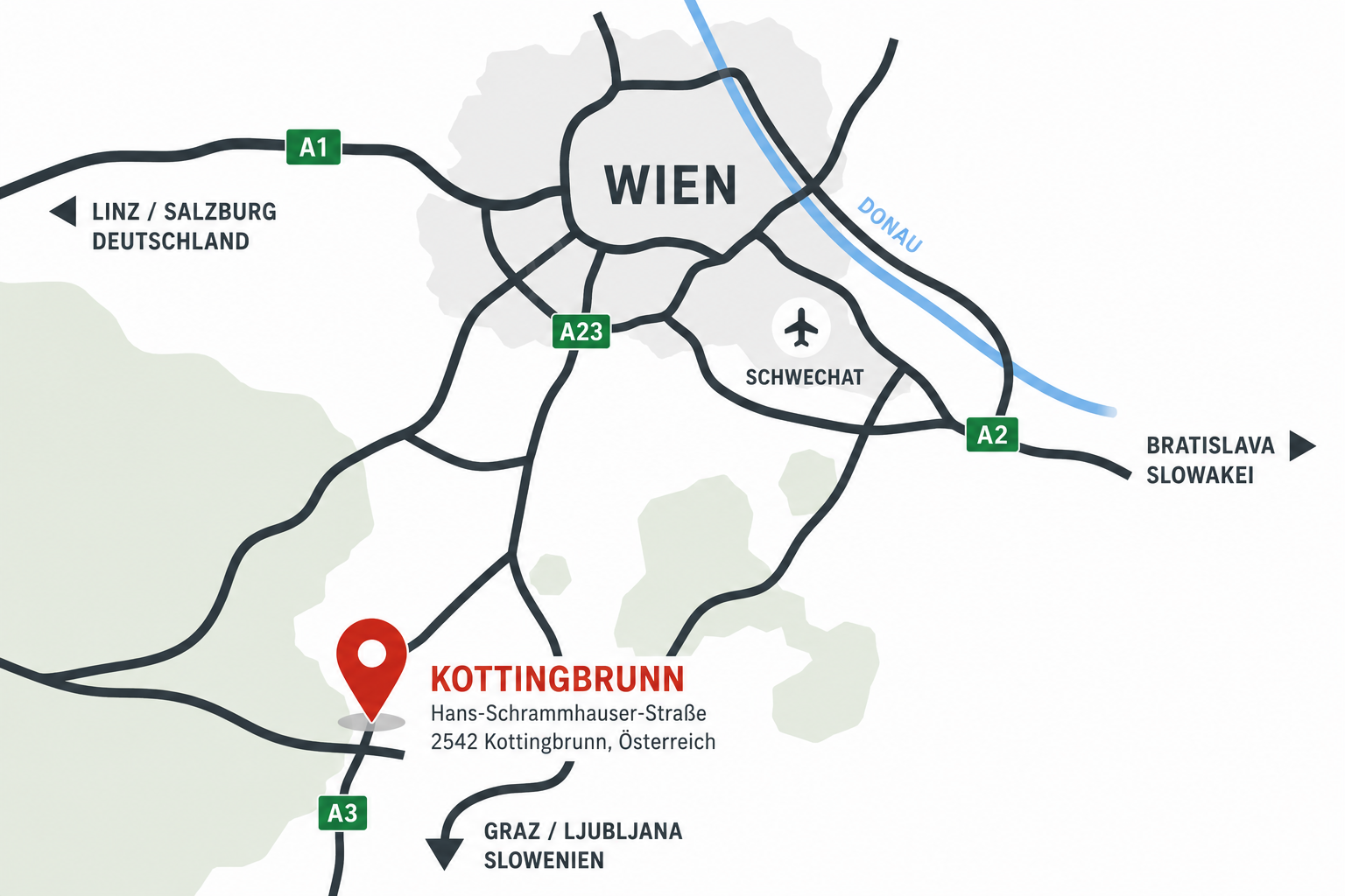 Karte eines Standorts Hans-Schrammhauser-Straße in 2542 Kottingbrunn südlich von Wien mit Autobahnen und Flughafen Schwechat.